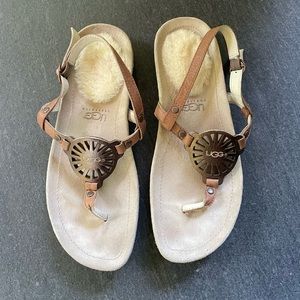 NWOT UGG Halendi Metallic Bronze TStrap Sandal with Shearling Fur Heel Women’s 7